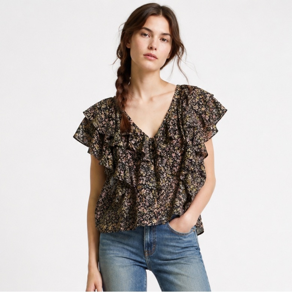 NWT Ralph Lauren black floral Ruffle V-neck Top with front buttons Large